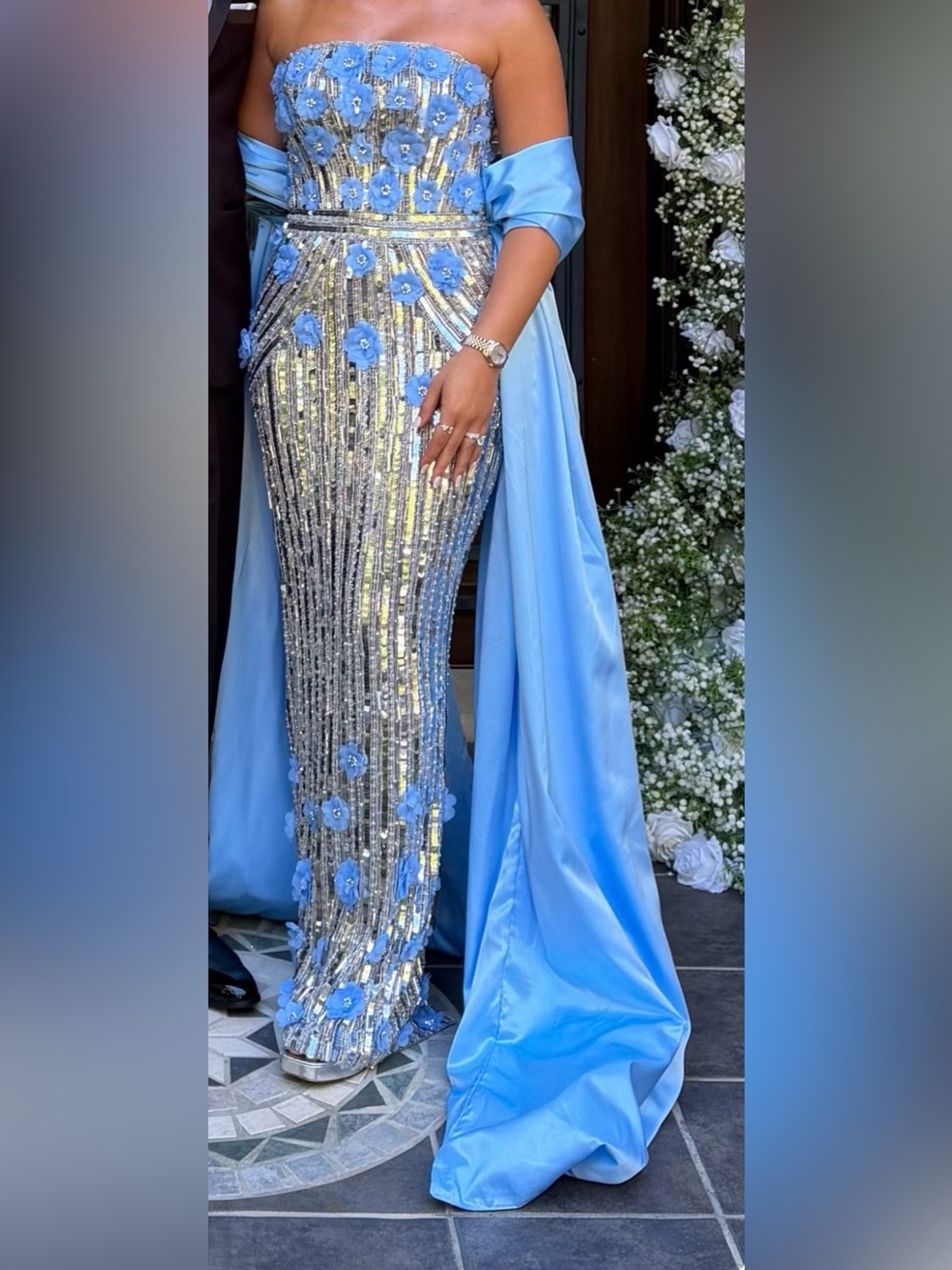 Silver and Light Blue Sequin Embellished Dress with Cape
